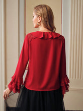 MOTF SOLID TIE NECK LACE TRIM LAYERED SLEEVE BLOUSE